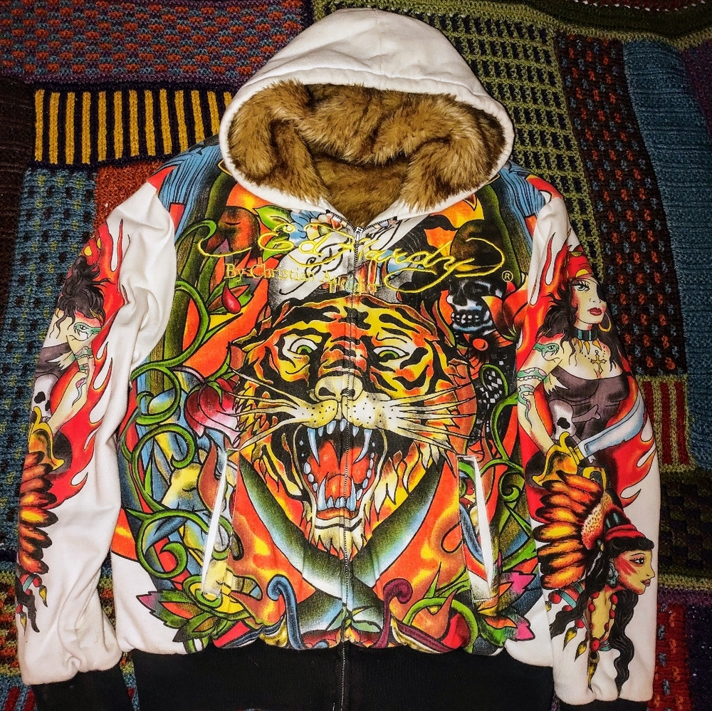 Super cool Ed Hardy faux fur lined hoody. Men's M fits large. Barely worn.